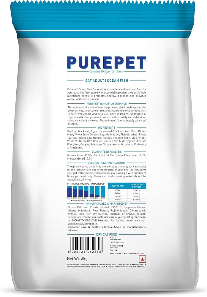 Purepet adult dry cat food 6kg| ocean fish flavour| taurine for healthy heart | healthy skin & beautiful coat | control urinary pH | hair ball protection