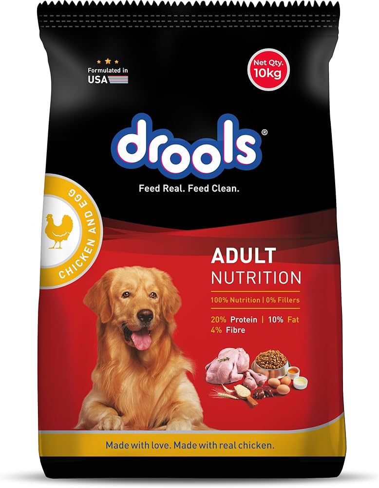 DROOLS ADULT DRY DOG FOOD 10KG | CHICKEN & EGG FLAVOUR | OMEGA 3 & 6 FOR HEATHY GROWTH | BETTER DIGESTIBILITY & HEALTH | MAINTAINS JOINT HEALTH | MAINTAINS JOINT HEALTH | HELPS CONTROL TARTAR BUILD UP | (10KG)
