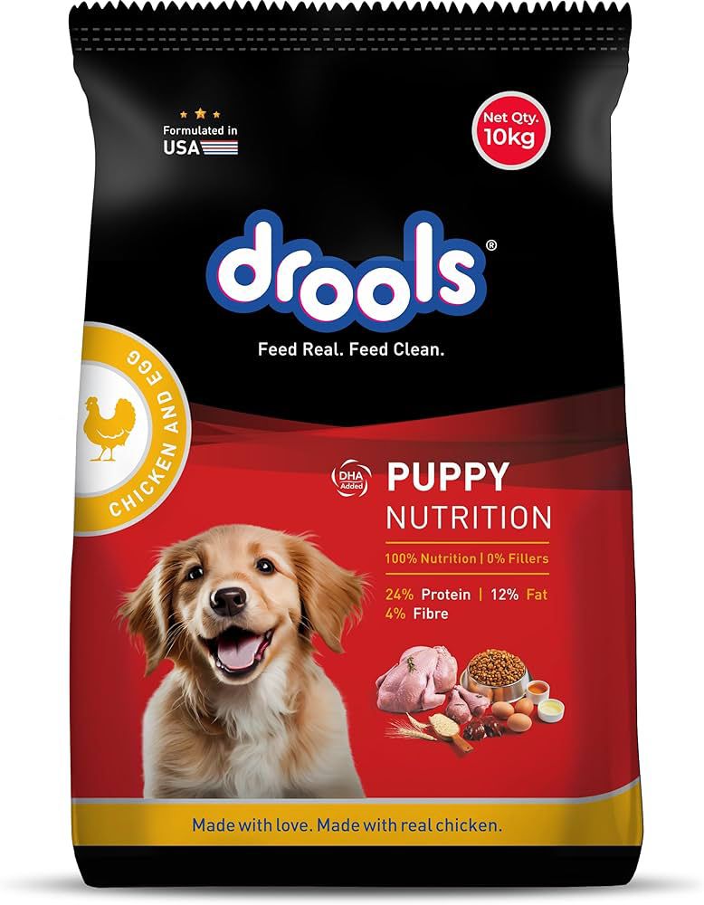 DROOLS PUPPY DRY DOG FOOD 10KG | CHICKEN & EGG FLAVOUR | OMEGA 3 & 6 FOR HEATHY GROWTH | BETTER DIGESTIBILITY & HEALTH | MAINTAINS JOINT HEALTH | MAINTAINS JOINT HEALTH | HELPS CONTROL TARTAR BUILD UP | (10KG)