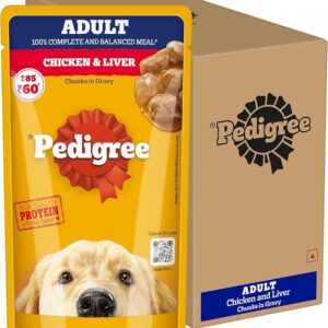 PEDIGREE ADULT WET DOG FOOD, CHICKEN & LIVER CHUNKS IN GRAVY,70 g (PACK OF 7x4), COMPLETE & BALANCED MEAL FOR ADULT DOGS